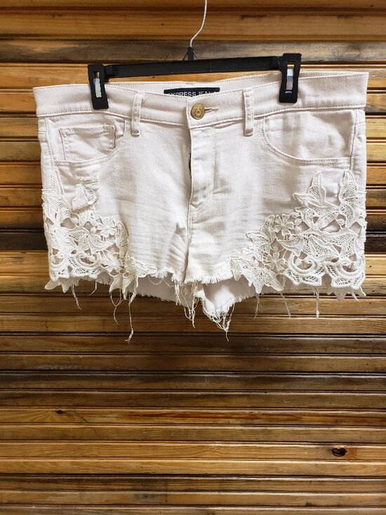 Express Pants - Express Beige Distressed Denim Shorts with Crochet Lace Detail Size 12